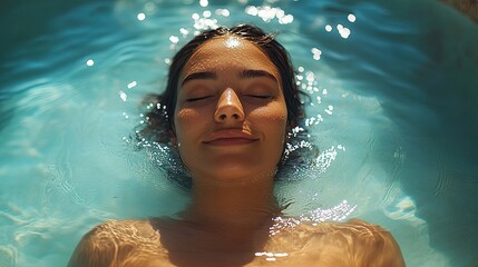 A beautiful woman is floating in a tank filled with dense salt water, which is utilized for medical therapy.
