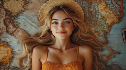 A beautiful woman is lying on the floor, working on her itinerary for a summer vacation abroad. She is planning to go on the trip alone, using her tablet to organize everything.