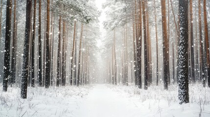 A serene winter forest scene with snow gently falling among tall trees.