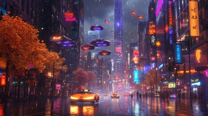 Fototapeta premium Futuristic city street at night with flying cars and vibrant neon lights.