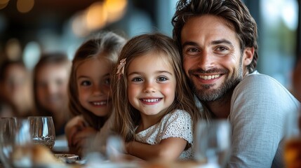Fototapeta premium A family dinner at a restaurant features a big family with children and a small baby.