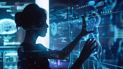 A young Asian woman in business attire interacts with a digital interface with blue backlight. Technology concept.