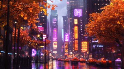 Obraz premium Neon cityscape at night with taxis and autumn foliage.