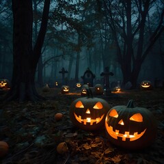 Spooky Halloween Forest Scene with Glowing Pumpkins and Mist