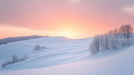 Naklejka premium A serene winter landscape at sunrise with snow-covered hills and bare trees.