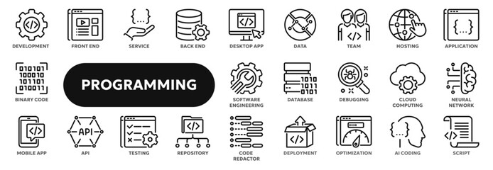 Set of vector line icons related to programming and coding, desktop and mobile application development, software engineering. Symbols for website or app ui, logo design, illustration