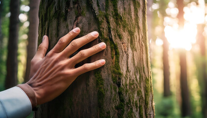man hand gently touching tree trunk emphasizing environmental care preservation