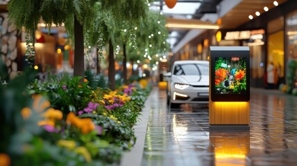 A vibrant shopping mall scene featuring lush flowers, greenery, and a modern digital display amidst a serene atmosphere.