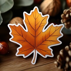 Fototapeta premium Autumn Maple Leaf Sticker on Wooden Background