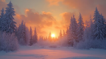 Fototapeta premium A serene winter landscape at sunrise, with snow-covered trees and a colorful sky.