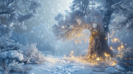 Enchanted winter forest with glowing lights and falling snowflakes