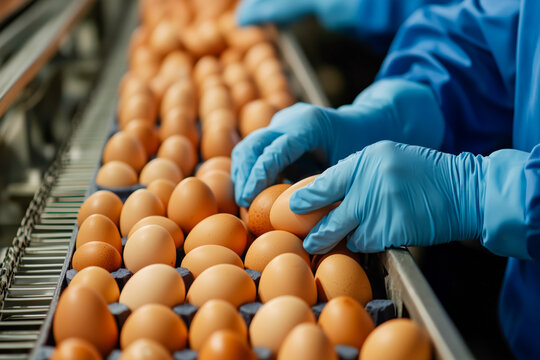 Worker separates eggs on production belt in poultry farm.