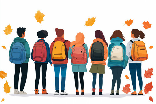 Flat illustration rear view of diverse students with backpacks isolated on on white background with autumn leaves.
