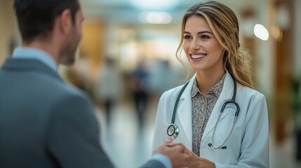 A pharmaceutical sales representative shakes hands with a doctor, while a female doctor engages in a side view conversation with the hospital manager, leaving space for copy.