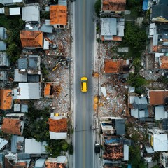 Aerial view of a single yellow taxi navigating through a street lined with damaged buildings...