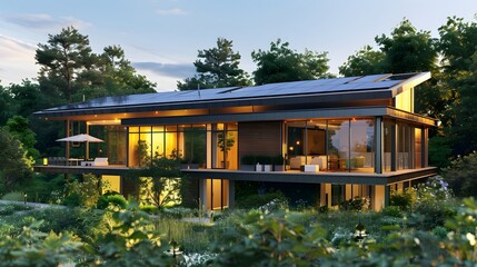 Obraz premium Modern eco-friendly house with solar panels surrounded by lush greenery