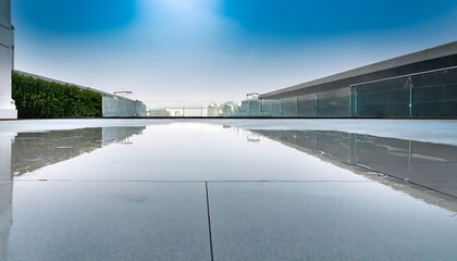 small puddle water clean white floor reflecting surroundings