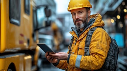 outdoors on a construction site, engineers are using a tablet