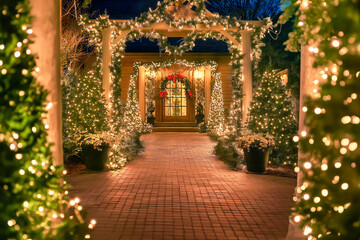 Fototapeta premium Christmas outdoor garland decoration for the house yard.