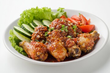 Fototapeta premium Chicken with Fermented Shrimp Paste Sambal, isolated on white background
