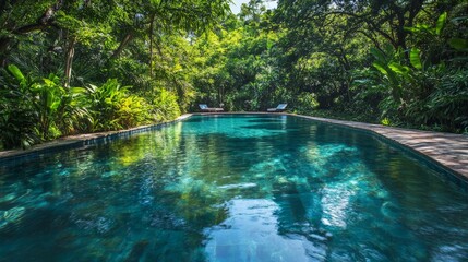 Picture a pristine swimming pool surrounded by lush greenery, where the calm water reflects the vibrant colors of nature.
