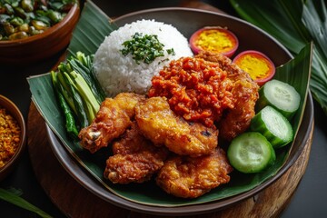 Fototapeta premium Chicken with Garlic Sambal, In this variation, the fried chicken is served with sambal bawang, a chili paste made with garlic, providing a pungent and spicy kick.