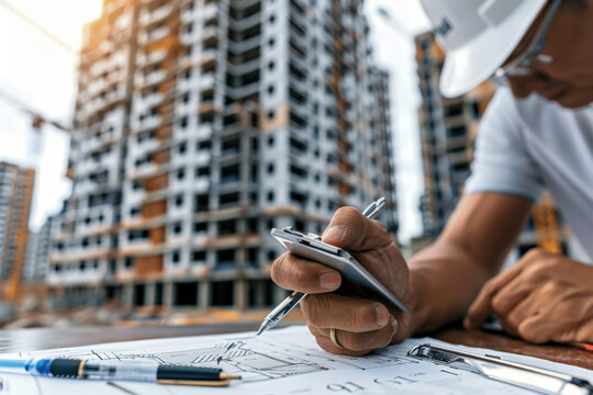 A construction engineer diligently reviews architectural plans using a smartphone and pencil while at a building site with multiple high-rise structures under development in the background.
