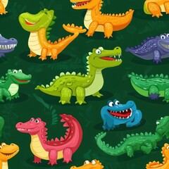 Fototapeta premium A colorful pattern featuring cartoon dinosaurs in various playful poses.