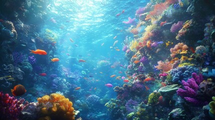 Fototapeta premium Picture a swim in a coral reef, the water teeming with vibrant fish and coral formations.