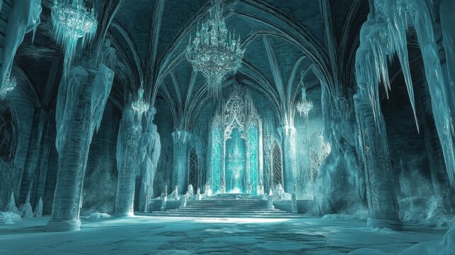 Majestic ice castle interior with chandelier in frozen fantasy scene