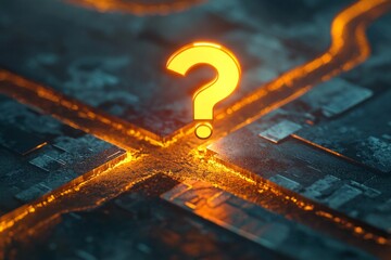 A glowing question mark icon hovering over a crossroads, representing a difficult decision or choice. 