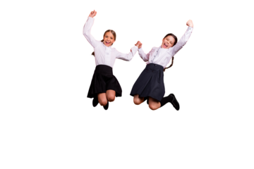 Full length body size view of two person nice attractive charming cheery pre-teen girls holding hand excellent new academic year September A-mark isolated on bright vivid shine orange background