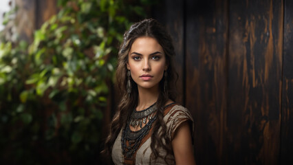 Naklejka premium Elegant brunette model in ancient attire, exuding timeless beauty. Flawless skin, natural makeup, and captivating gaze. Studio shot with copy space. Ideal for historical and beauty campaigns