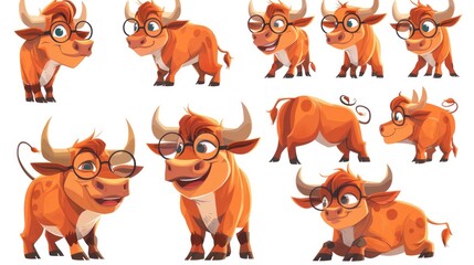 A collection of cartoon-style orange cows with glasses in various poses.