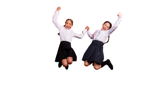 Full length body size view of two person nice attractive charming cheery pre-teen girls holding hand excellent new academic year September A-mark isolated on bright vivid shine orange background