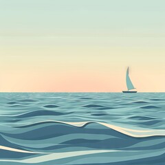 Obraz premium Gentle, rolling ocean waves with a simple horizon and a minimalistic sailboat in the distance. minimalistic style illustration 