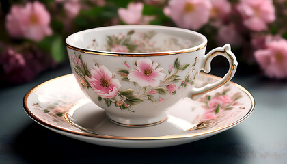 Fototapeta premium white tea cup pink floral patterns resting matching saucer