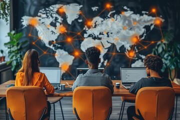 A team of three individuals works on laptops in an office with a world map displayed on the wall, highlighting global connectivity, teamwork, and digital collaboration.