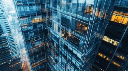 office building in the financial center shot from above, the glass curtain wall is full of texture