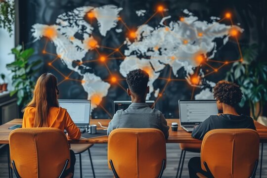 A team of three individuals works on laptops in an office with a world map displayed on the wall, highlighting global connectivity, teamwork, and digital collaboration.