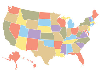 Map of the USA by region in different colors.