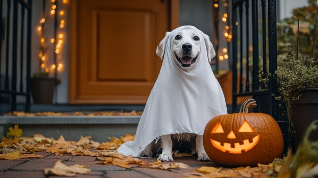 Happy golden retriever dog wearing ghost costume sitting by jack o lantern on porch for halloween