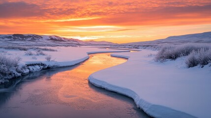 A serene winter landscape at sunset, featuring a winding river surrounded by snow.