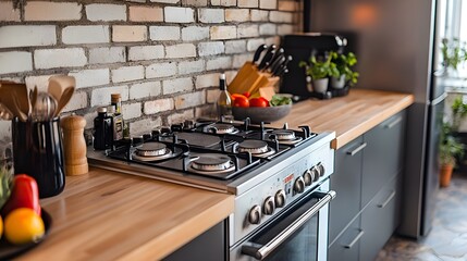 A modern kitchen with a stove oven and stove