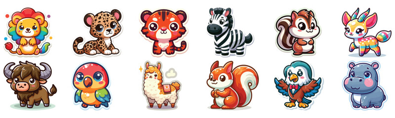 Set of Cute cartoon animals in vibrant colors set against a white background, perfect for children's decor © Janis