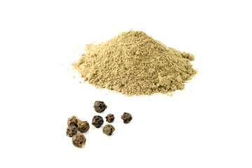 Dried black pepper seed and heap of ground isolated on white background stack
 closed up 