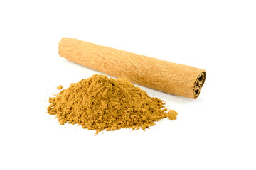Dried cinnamon stick and ground isolated on white background stack closed up.