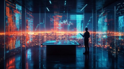 Businessman analyzing holographic stock market charts in futuristic office