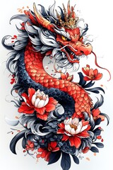 Red Dragon with Flowers and Crown Illustration