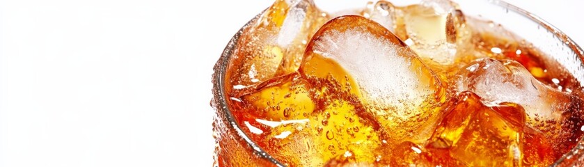 Close-up of a refreshing glass of iced soda with lemon wedges and ice cubes against a white background, perfect for summer beverage concepts.